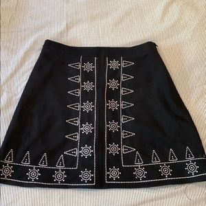 Black embroidered faux suede skirt